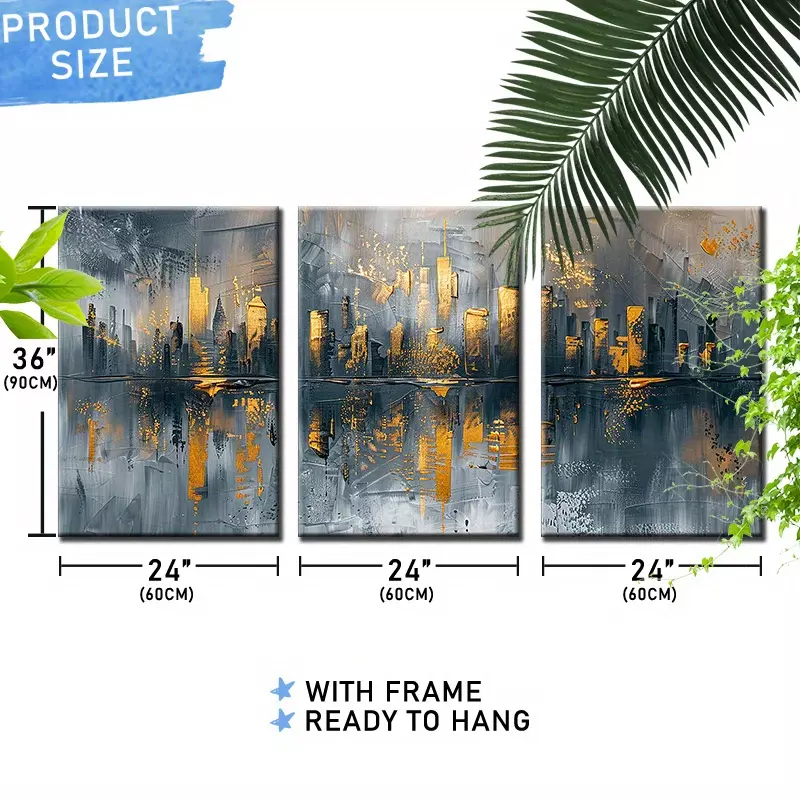 Framed 60cmx90cmx3pcs (24inchx36inchx3pcs) Canvas Wall Art Ready To Hang Gold Abstract Cityscape Wall Art Canvas for Living Room Home Office Wall Decor