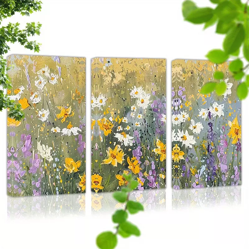 Set of 3 Canvas Wall Art with Frame Ready To Hang Countryside Wildflowers Daisy Blossom Wall Art Canvas Paintings for Home Garden Office Wall  Decor