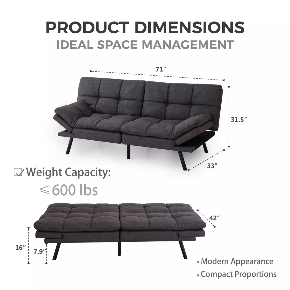 Convertible Memory Foam Futon Couch Bed, Modern Folding Sleeper Sofa Grey/brown-grey