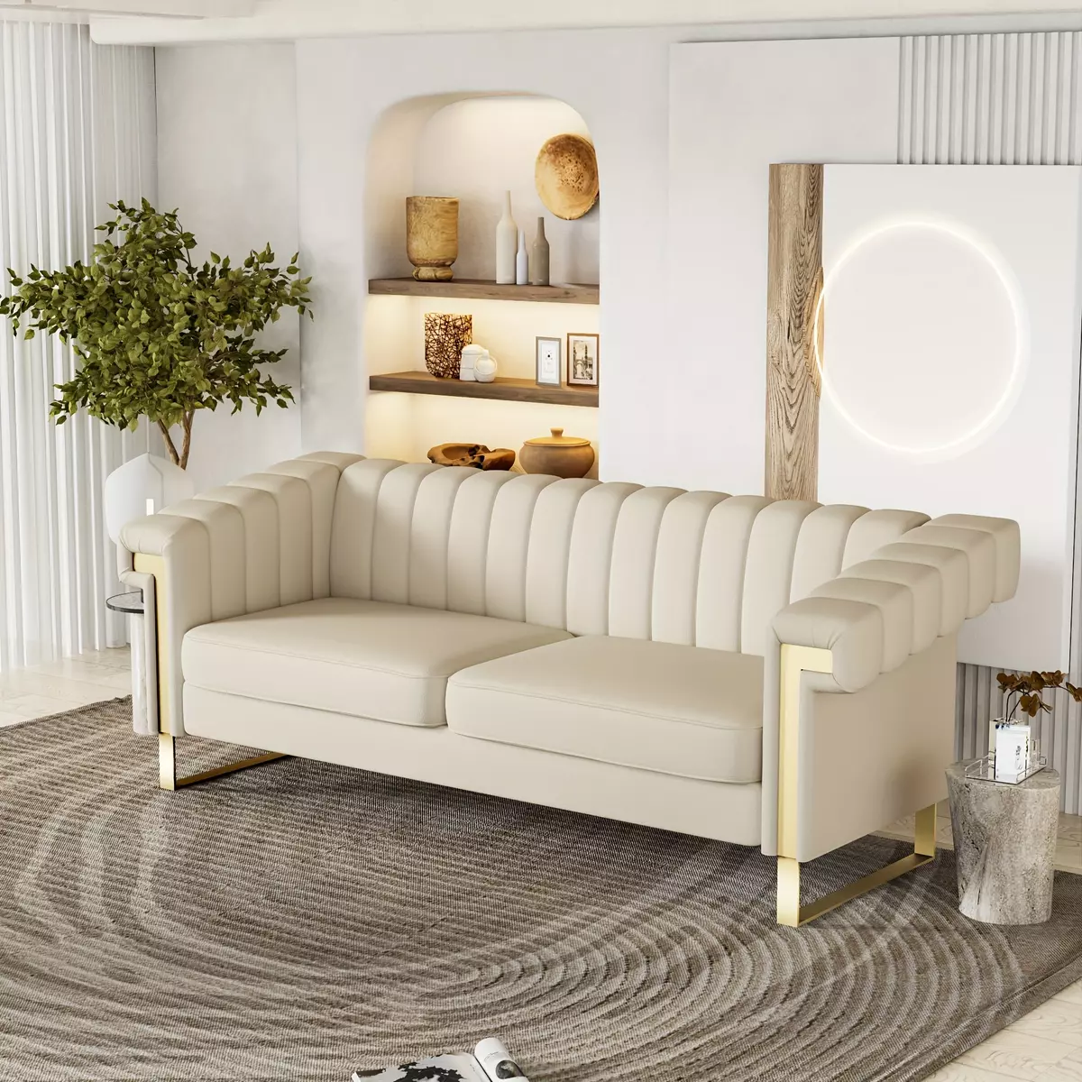 1pc Faux Leather Modern Comfort Luxury Couches,83.86" Three Seaters Chesterfield PU White Sofa For Living Room,Bedroom,Soft And Stylish Sofas With Stable Golden Metal Legs,Suitable For Playroom,Office