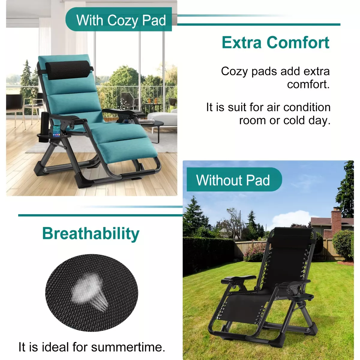 Zero Gravity Chair, Lawn Recliner, Folding Portable Reclining Lounge Chair with Removable Cushion, Headrest, Cup Holder, Supports up to 440Lbs