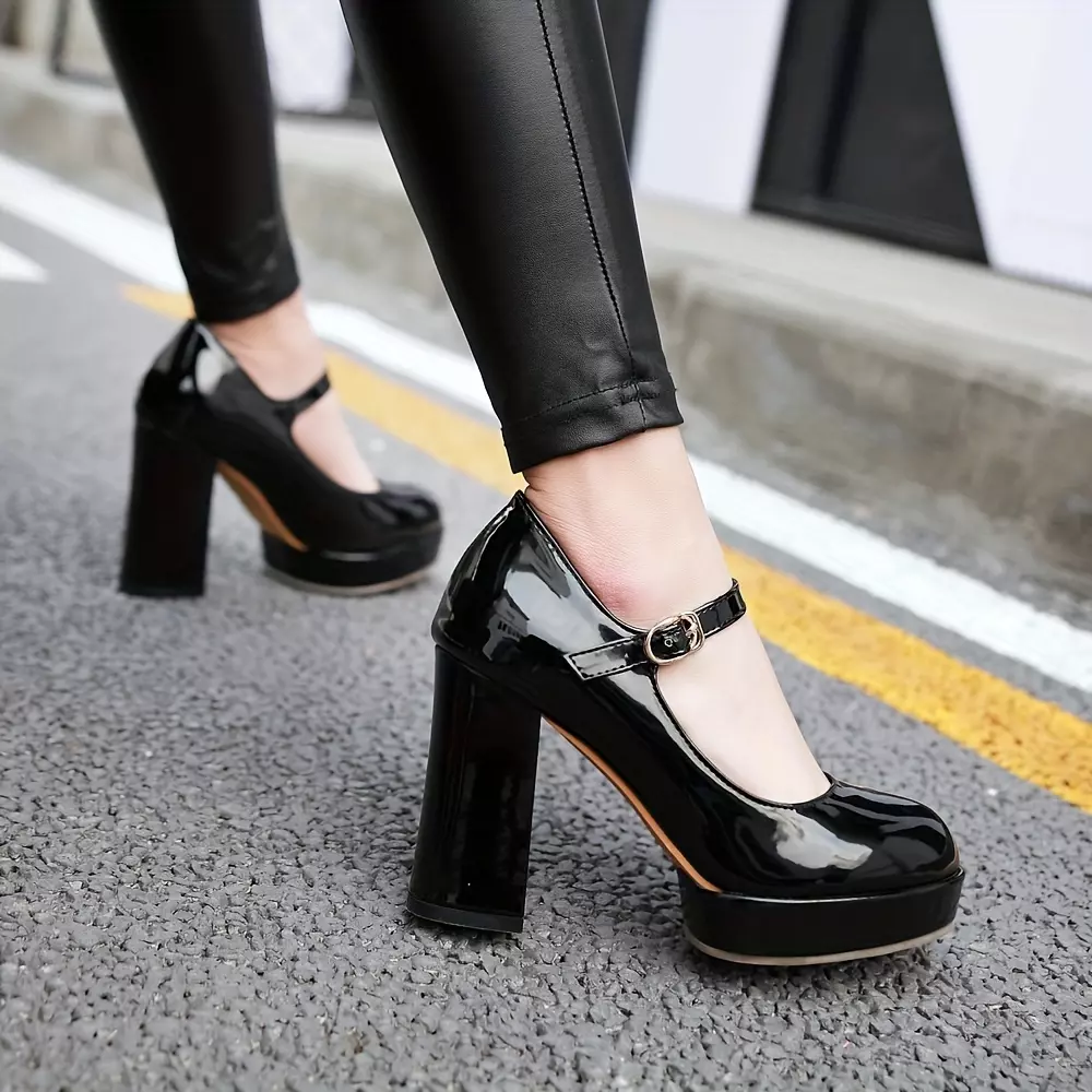 Womens Platform Mary Janes High Heels Pumps Patent Leather Chunky Heel Ankle Strap Pumps Shoes-White