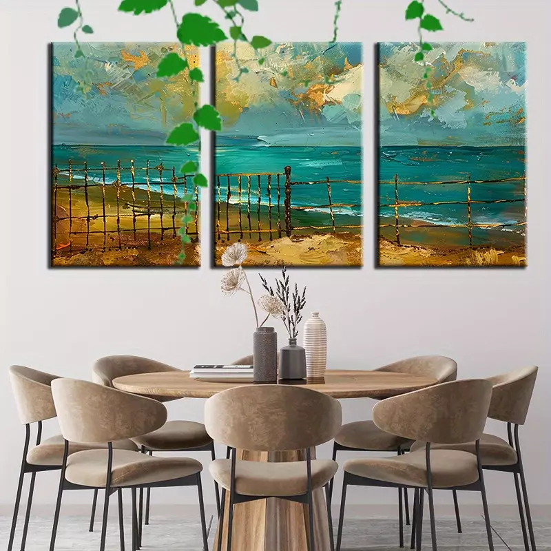 Set of 3 Canvas Wall Art with Frame Ready To Hang Coconut Trees Beach Seascape Canvas Wall Art Decor Wall Decor, Room De
