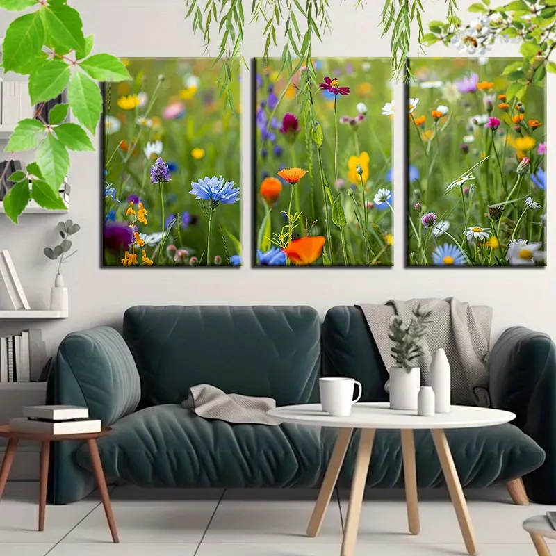 Set of 3 Canvas Wall Art with Frame Ready To Hang Countryside Wildflowers Daisy Blossom Canvas Print Artwork for Bedroom Garden and Home Office Kitchen