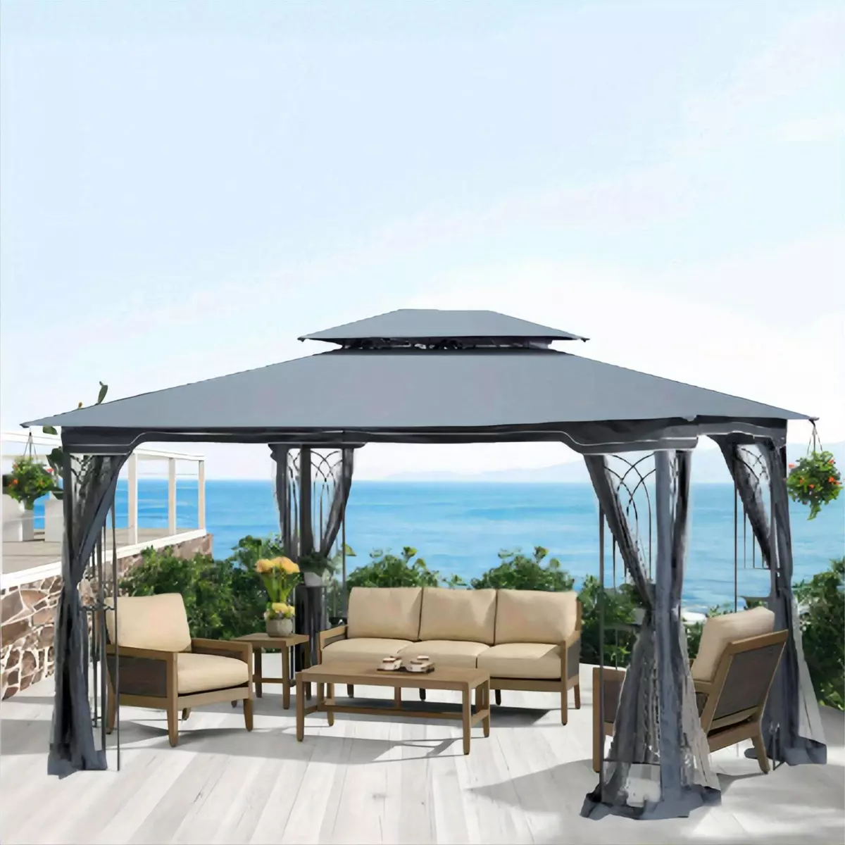 13' x 10' Outdoor Canopy Gazebo With Ventilated Double Roof And Mosquito-13x10ft-grey/leafdecoration