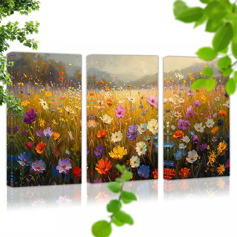 Set of 3 Canvas Wall Art with Frame Ready To Hang Countryside Wildflowers Daisy Blossom Canvas Prints Wall Art Suitable for Home, Garden,Office