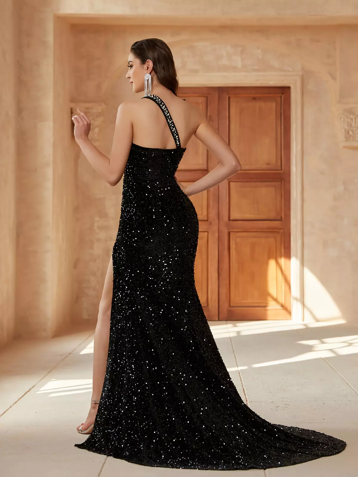 Sequin One Shoulder Dress, Elegant Split Thigh Evening Dress For Party & Banquet, Women's Clothing