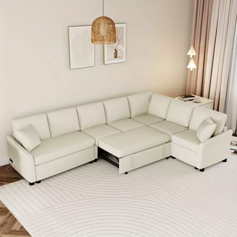 124.8"L-shaped Sofa Convertible Sofa Bed Pull Out Sofa Sleeper with Two Back Pillows,for Living Room, Beige