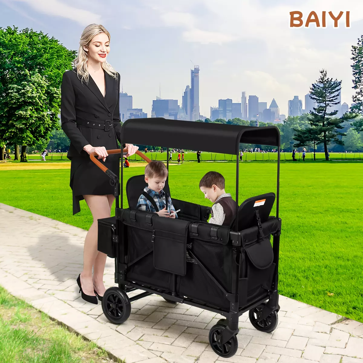 Double Stroller Wagon (2 Seater) - Collapsible Wagon Stroller with Seats with Magnetic Buckle 5-Point Harnesses and Adjustable Sun Canopy
