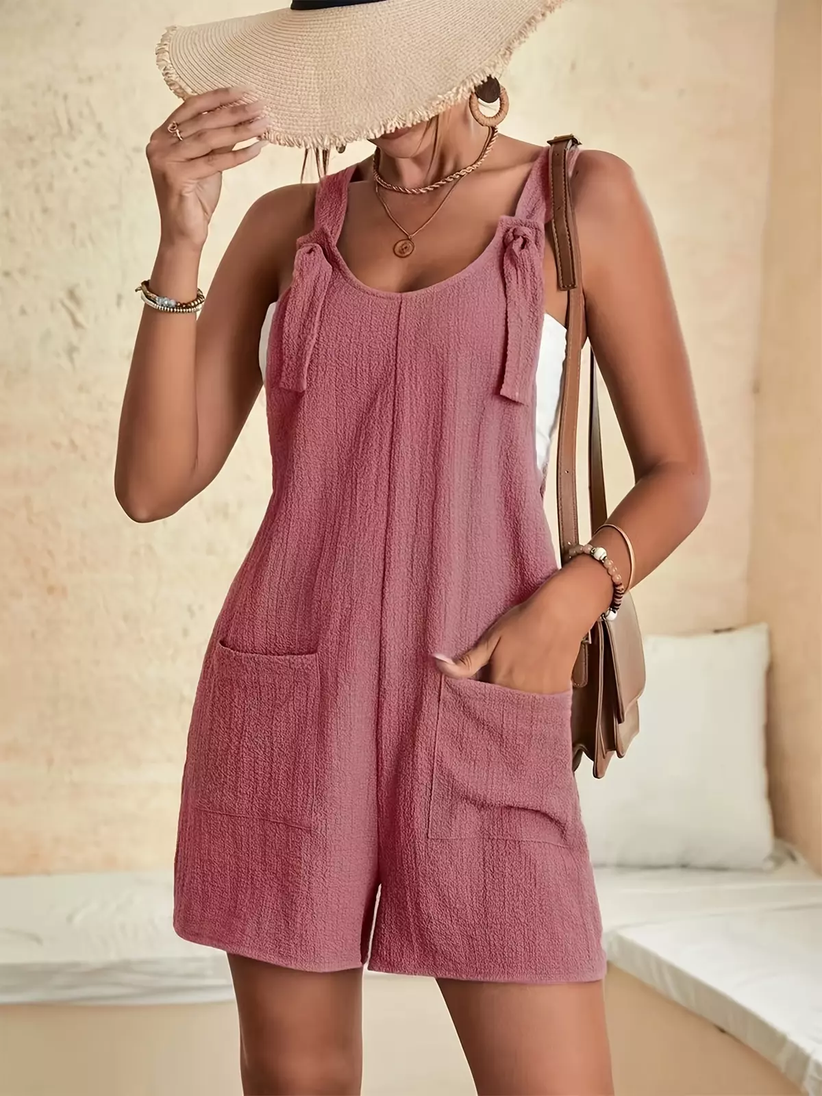 Plus Size Women's Romper with Pockets – Stylish & Comfortable Sleeveless Design, Ideal for Casual Summer Outings, Available in Eye-Catching Solid Colors.-Purple