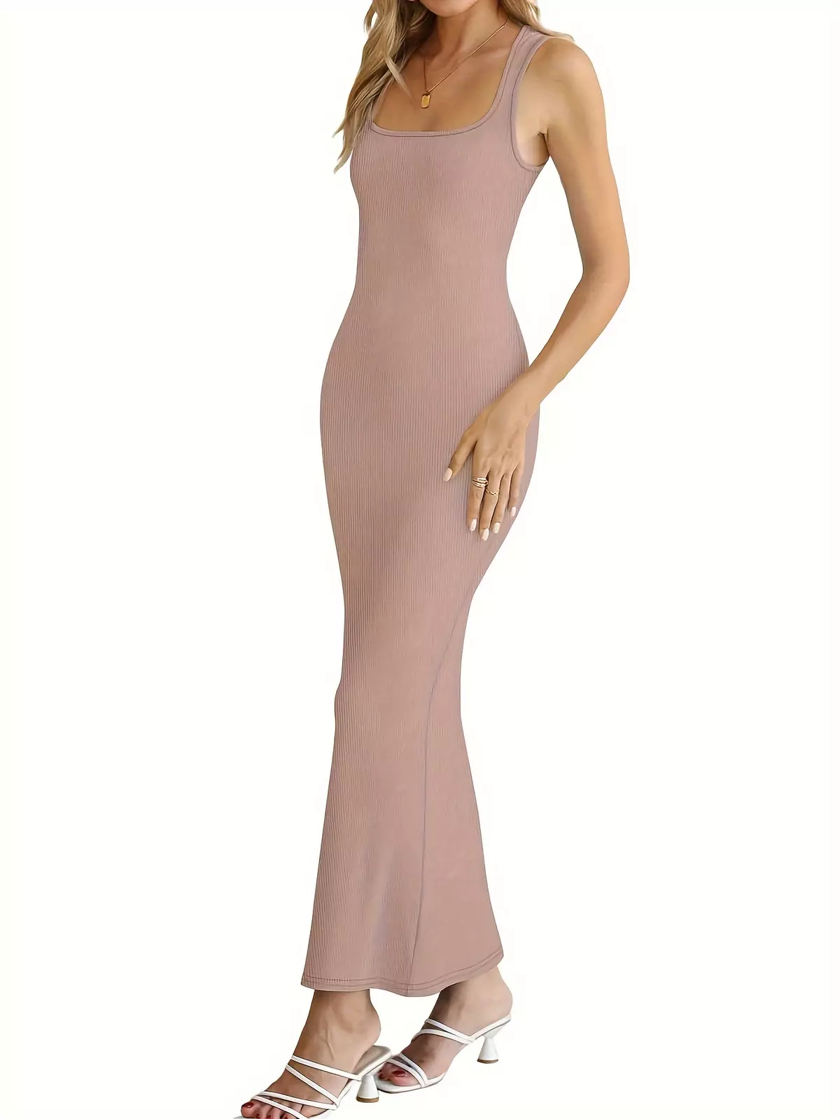 Women's Square Neck Bodycon Maxi Dress Ribbed Sleeveless Long Dress-Khaki
