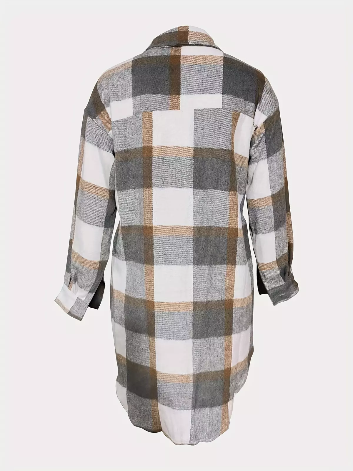 Plaid Print Shacket Jacket, Casual Button Front Turn Down Collar Long Sleeve Mid Length Outerwear, Women's Clothing-Beige