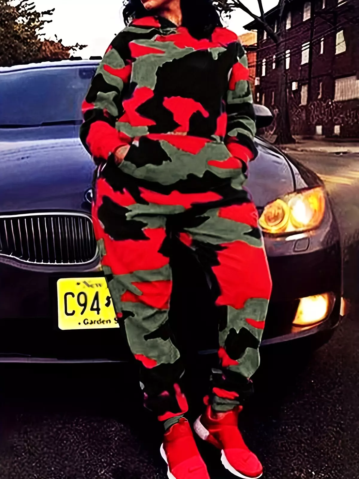 Plus Size Casual Outfits Set, Women's Plus Camo Print Long Sleeve Slight Stretch Hoodie & Joggers Outfits Two Piece Set-Multicolor