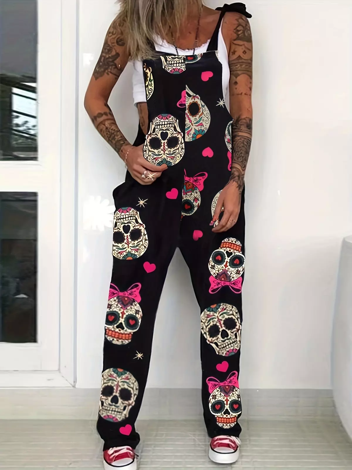 Plus Size Casual Overalls, Women's Plus Floral Print Tie Shoulder Medium Stretch Jumpsuit-Multicolored 1