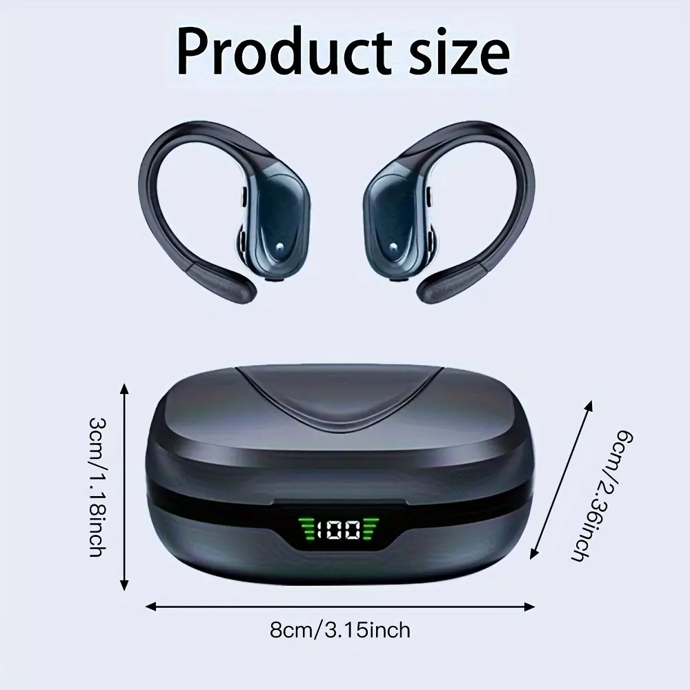 Sporty Secure-Fit Earbuds with Noise Cancellation & Deep Bass – Dual-LED, In-Built Mic, Wireless Over-Ear Headphones for Runners-Black