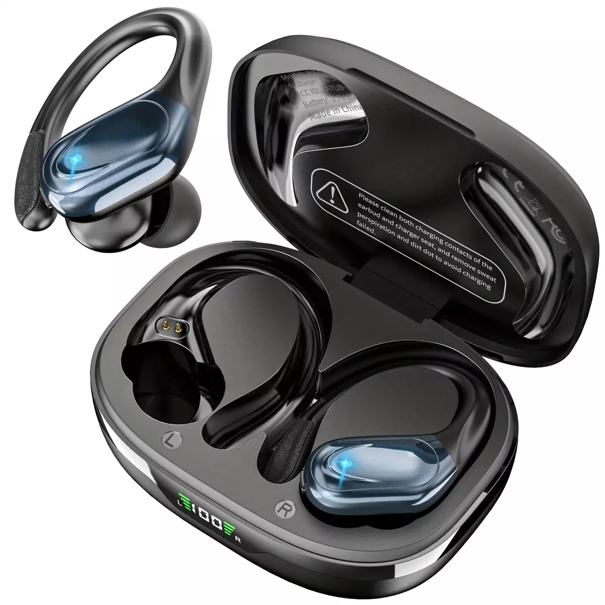 Sporty Secure-Fit Earbuds with Noise Cancellation & Deep Bass – Dual-LED, In-Built Mic, Wireless Over-Ear Headphones for Runners-Blue
