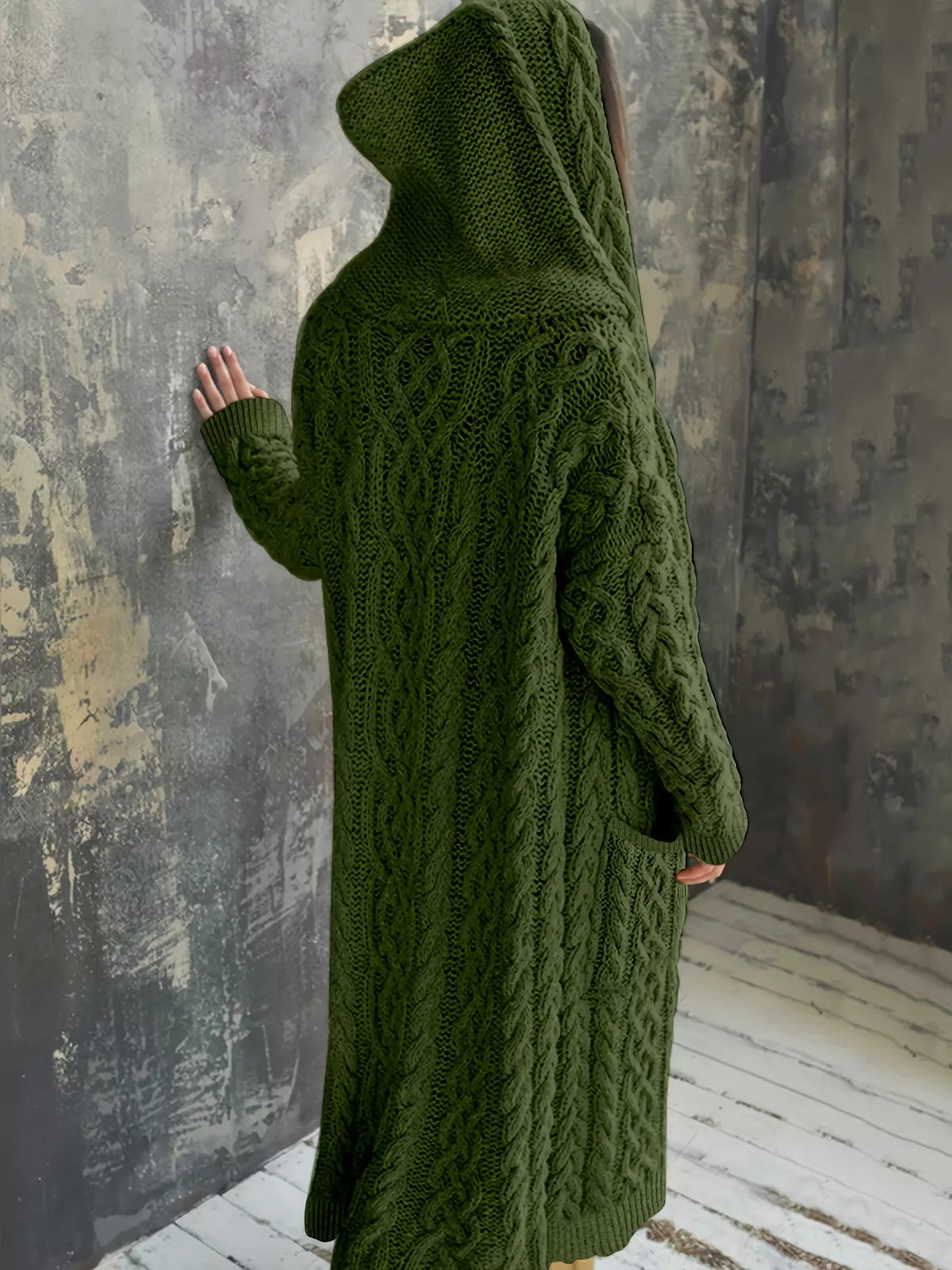 Plus Size Women's Solid Color Hooded Cardigan Coat, Casual Knitted Sweater Coat-grey