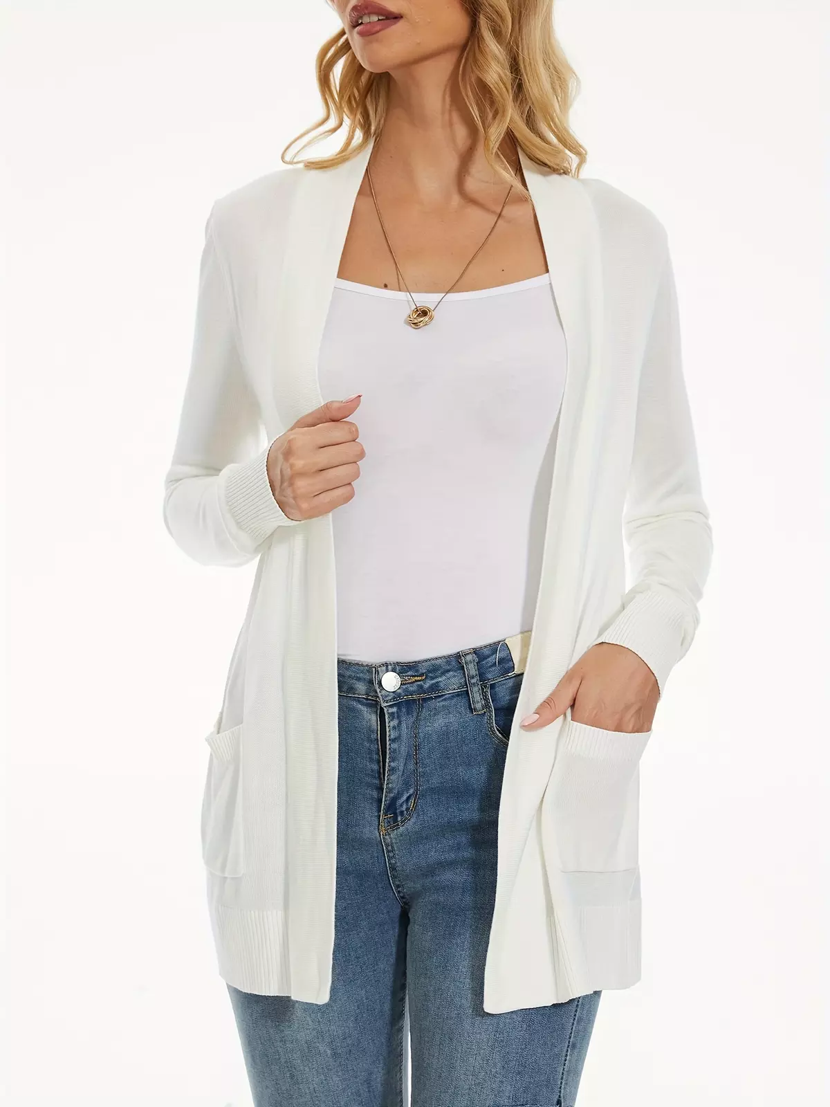 Solid Color Open Front Knit Cardigan, Casual Long Sleeve Pocket Cardigan For Spring & Fall, Women's Clothing-Orange