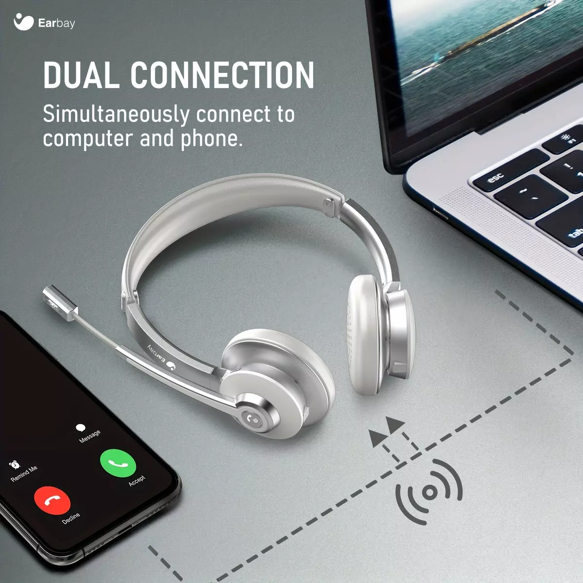 Earbay Bluetooth Headset: 28h Talk, Noise-Canceling Mic, Volume Control - White Wireless Headphones for Office Calls & Virtual Meetings
