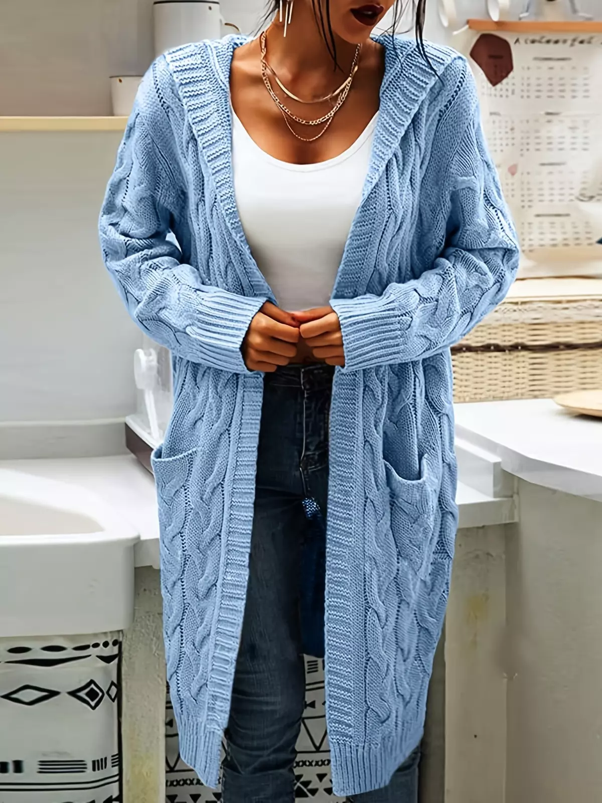 Women's Sweater Hooded Twist Knit Solid Thick Pocket Long Cardigan-Khaki