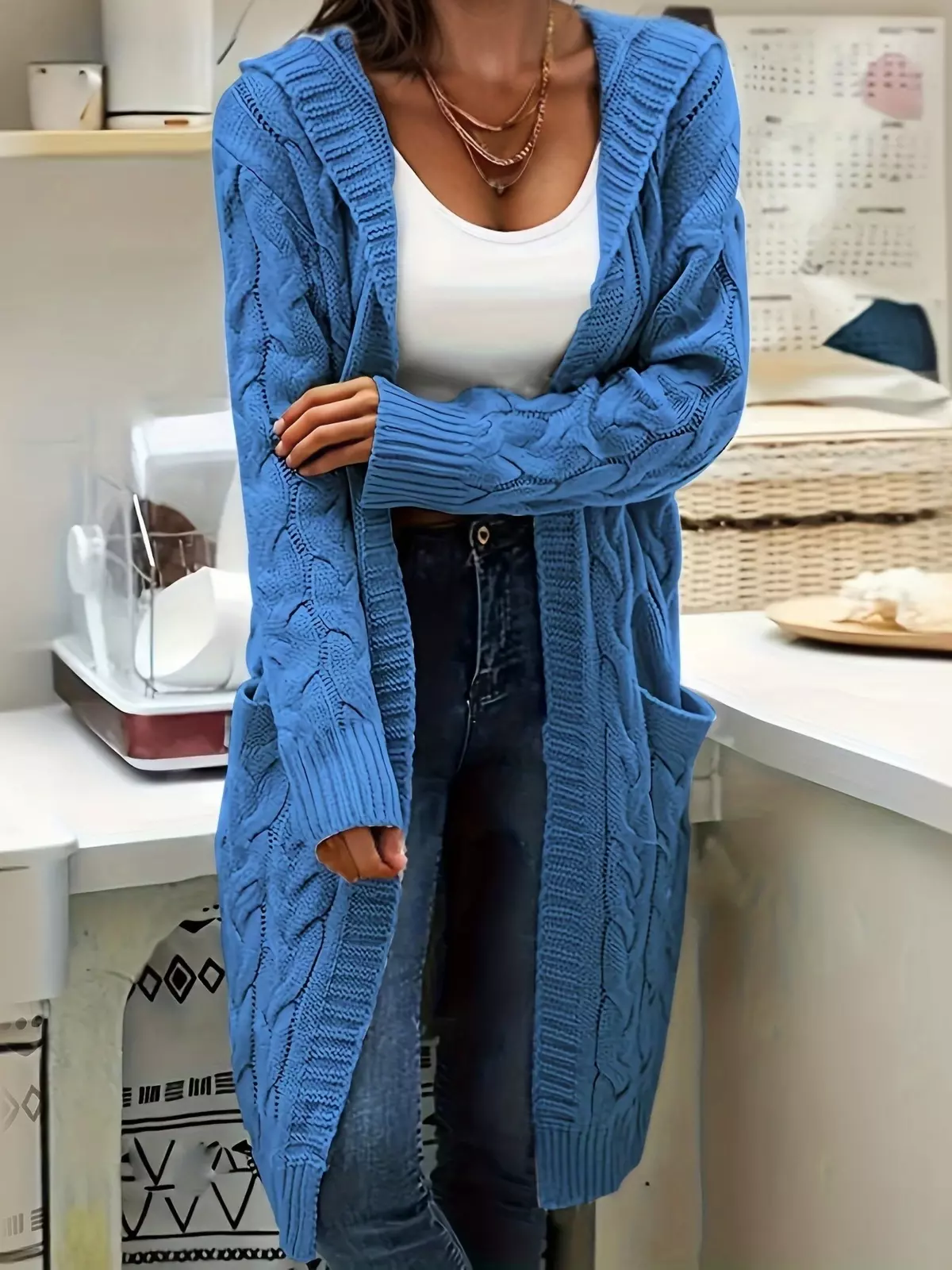 Solid Open Front Cable Knit Hooded Cardigan, Casual Long Sleeve Mid Length Sweater With Pocket, Women's Clothing-grey