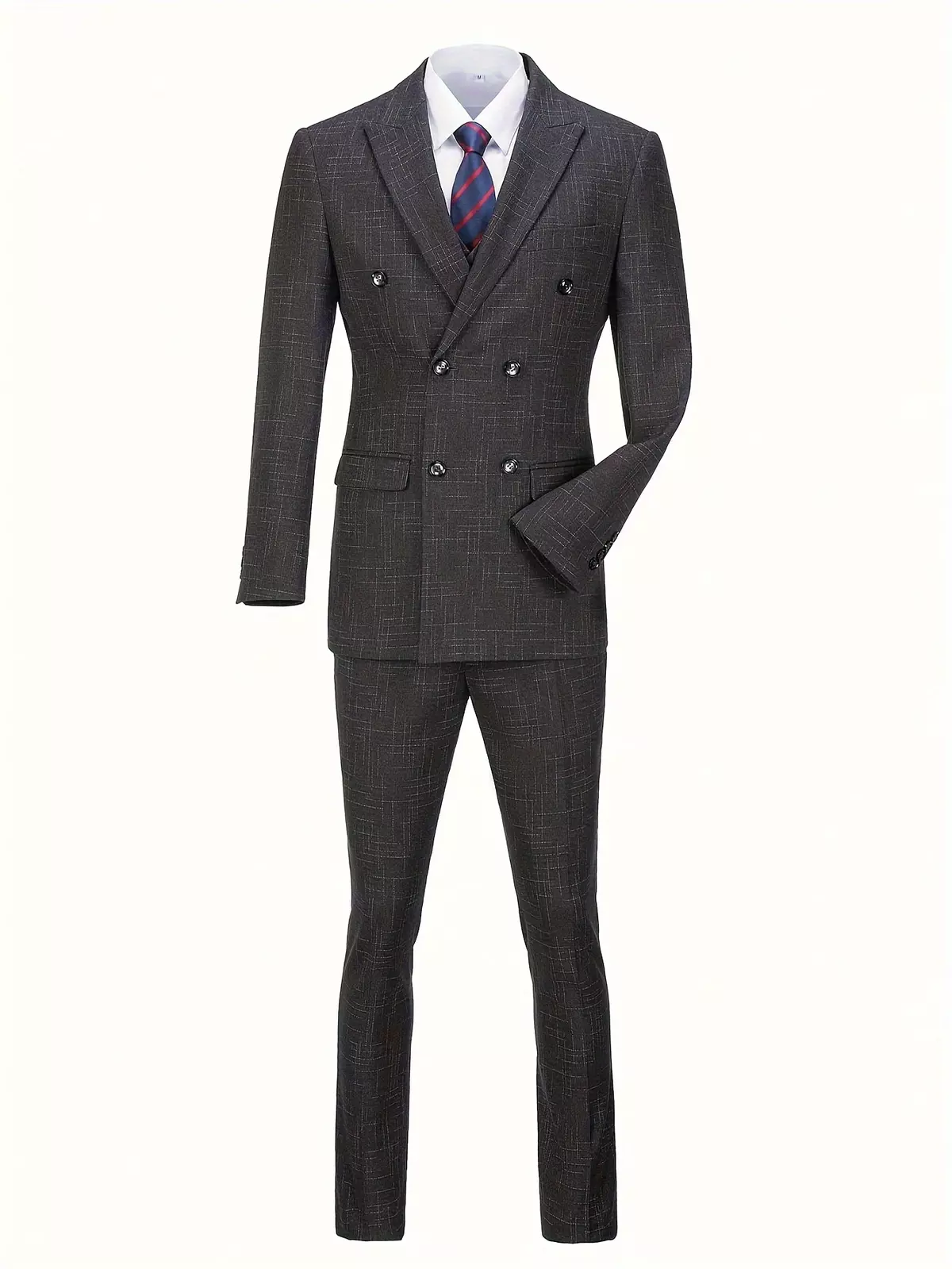 Men's business grid pattern suit three piece suit vest pants-grey