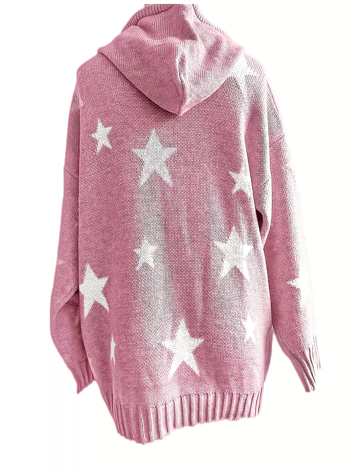 Plus Size Casual Sweater, Women's Plus Star Print Long Sleeve Drawstring Hoodie Sweater With Pockets-Black