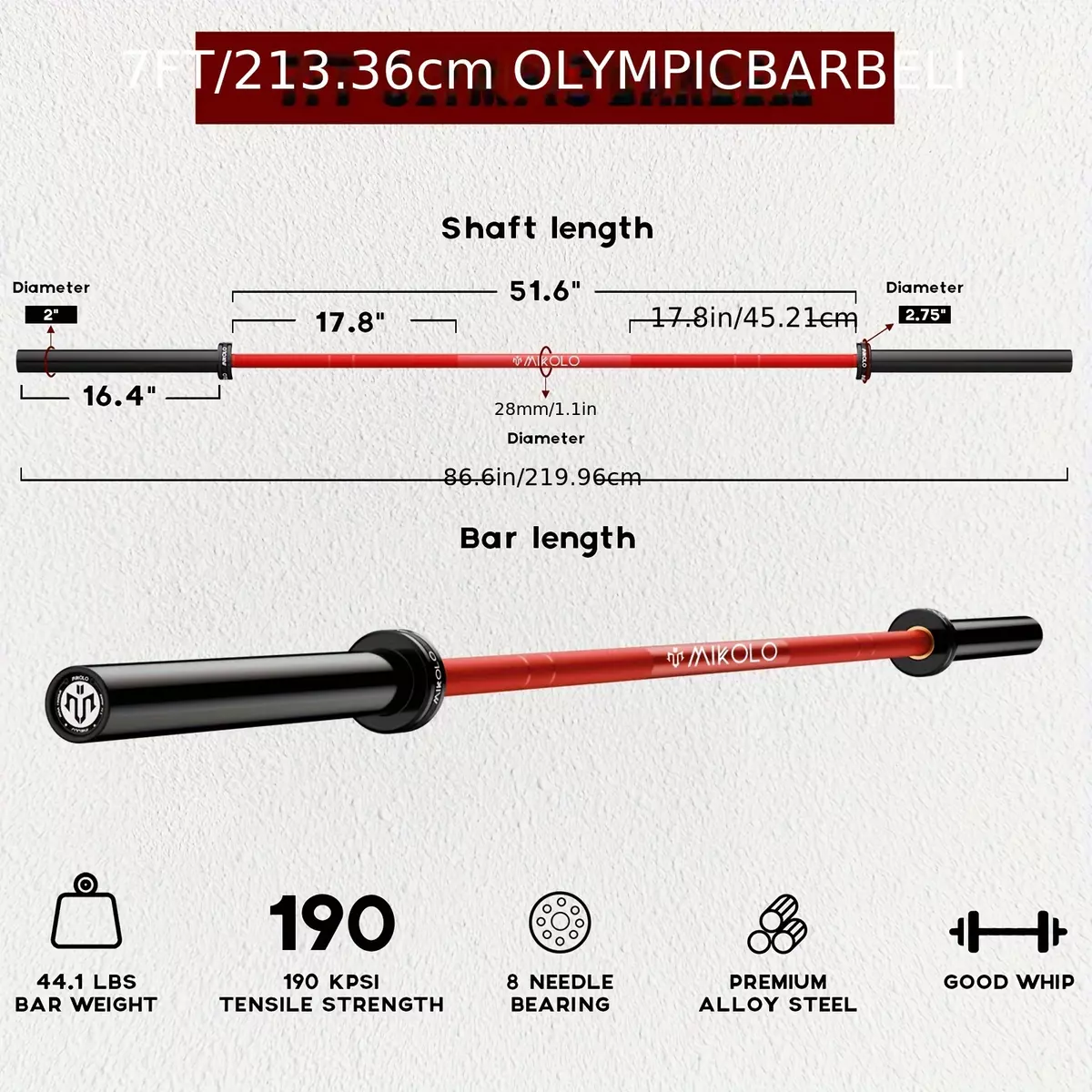 Olympic Barbell, Barbell For Weightlifting And Powerlifting 45lb, Olympic Bar For 1500lbs Capacity, Weight Bar Fit 2" Standard Weights-Red