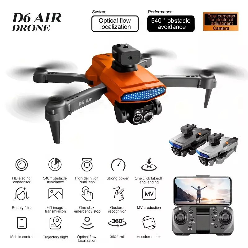 D6 Air Drone With HD Dual Camera, Optical Flow Localization, 540° Intelligent Obstacle Avoidance, Headless Mode, RC Foldable Quadcopter Toy-Black 540° Obstacle Avoidance ESC Dual Camera