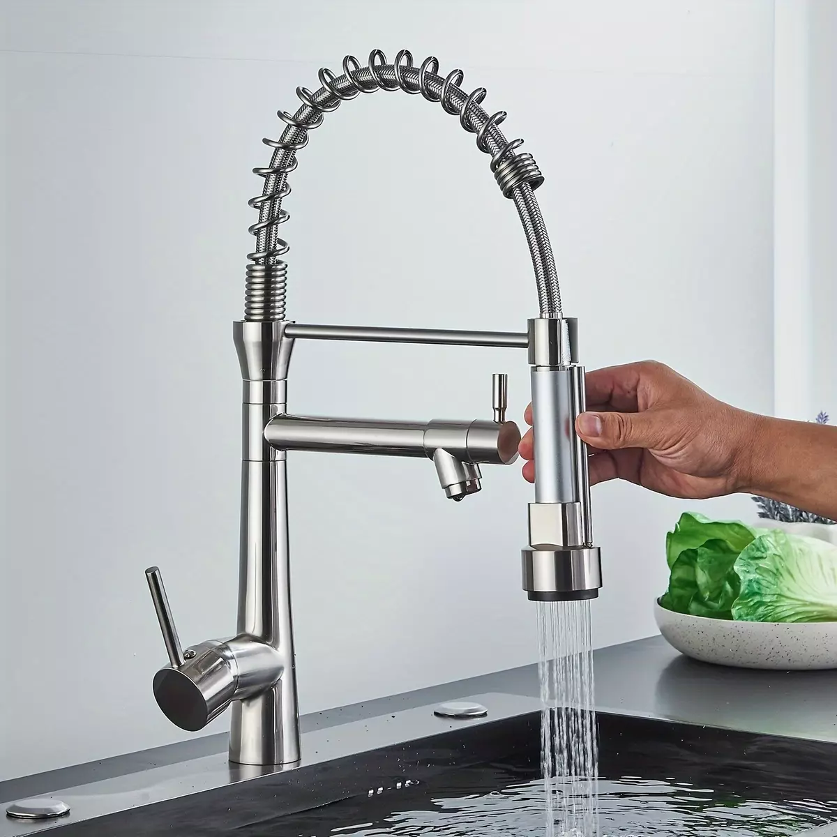 1pc Commerical Kitchen Faucet With Sprayer, Single Handle Pull Down Sprayer, Brass Kitchen Sink Faucet With Two Spout, Brushed Nickel