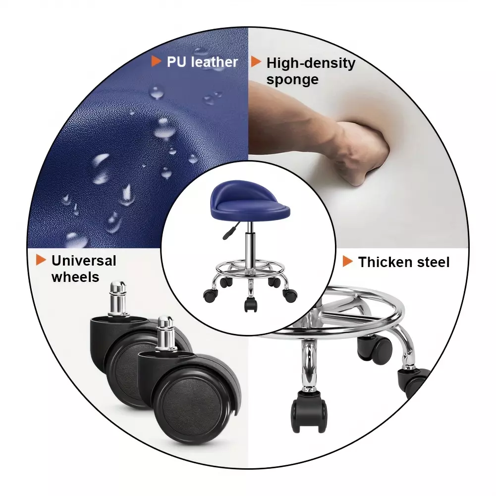 Blue Height Adjustable Swivel Drafting Work SPA Task Chair With Wheels PU Leather Round Rolling Stool With Foot Rest