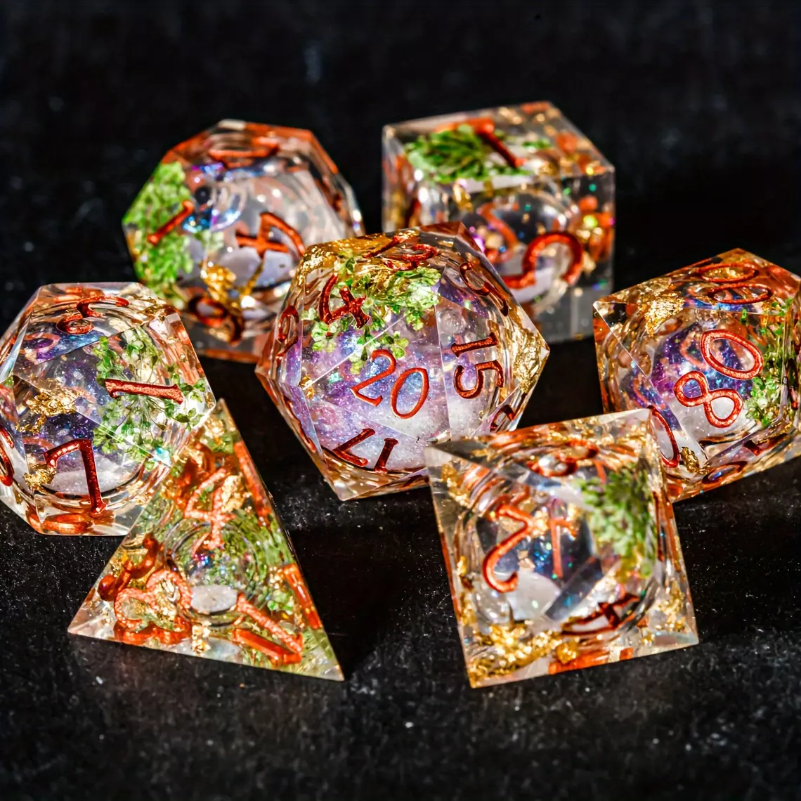 Starry Two Tone Liquid Core Quicksand Dice Blood Red Ring Dice Set of 7 Quicksand Glitter Liquid Core for Dungeons & Dragons RPG Roleplaying Game Crafting D&D Dice