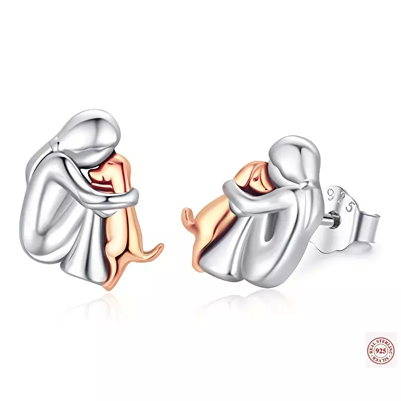 Cute and Elegant 925 Sterling Silver Dog and Girl Stud Earrings for Women-Golden+Silvery