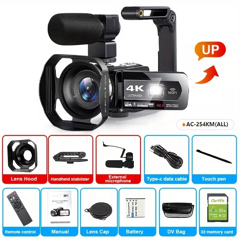 4K Video Camera Camcorder Full HD 60FPS 18X Digital Zoom Digital Camera, 48.0 MP Webcam Vlogging Camera Recorder, Supports Wifi Digital Camera, Touch Screen Camcorders Camera With Microphone DV, Remote, Stabilizer, Lens Hood, 1500mah Batteries, 32G SD Card