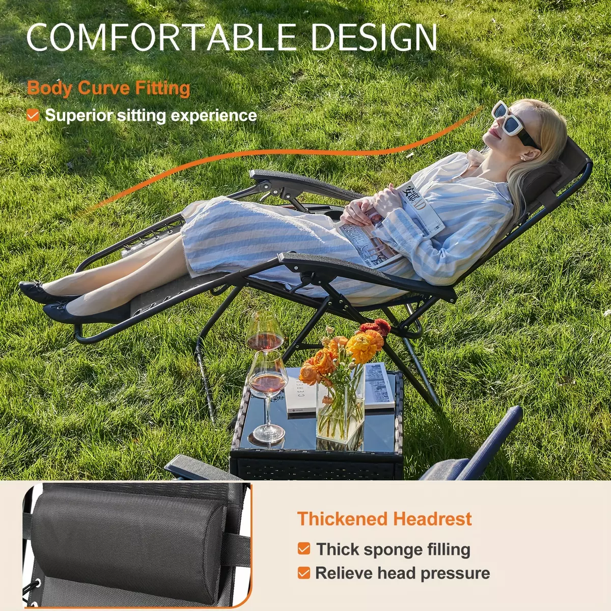 Set of 2 Portable Recliner Chair, Beach Camping Patio Chair, Outdoor Folding Lounge Chair with Cup Holder Trays and Adjustable Pillow Zero Gravity Chairs for Poolside, Garden, Backyard, Lawn-Blue