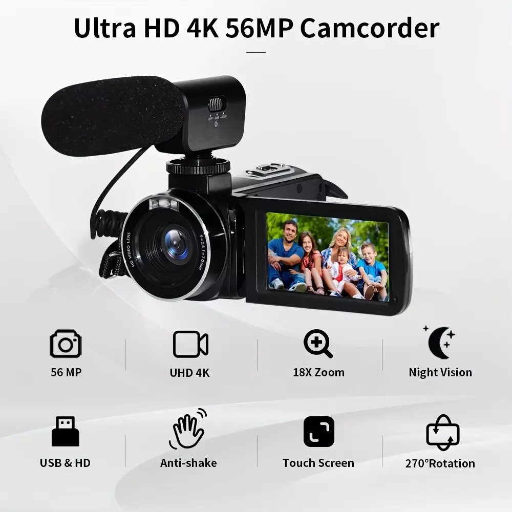 Video Camera Camcorder 4K, 56MP 18X Digital Zoom Night Vision Handheld Digital Camcorder