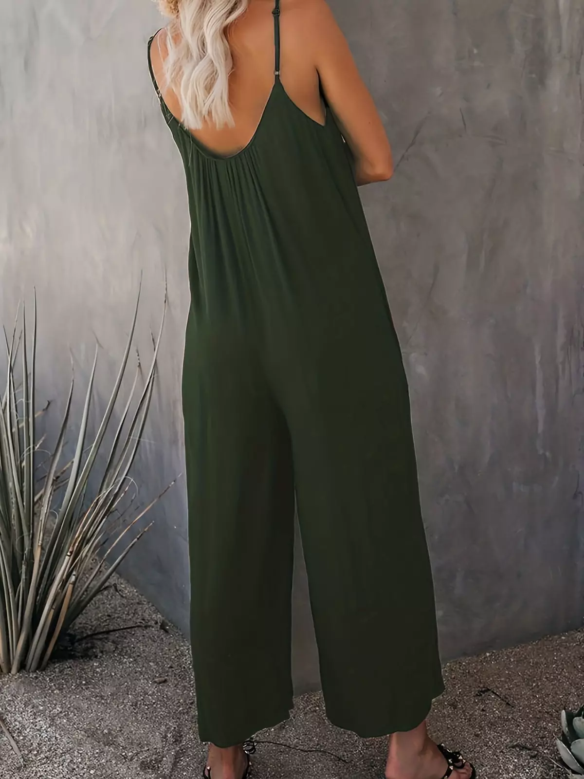 Plus Size Basic Jumpsuit, Women's Plus Solid V Neck Wide Leg Summer Cami Jumpsuit-Rose Red