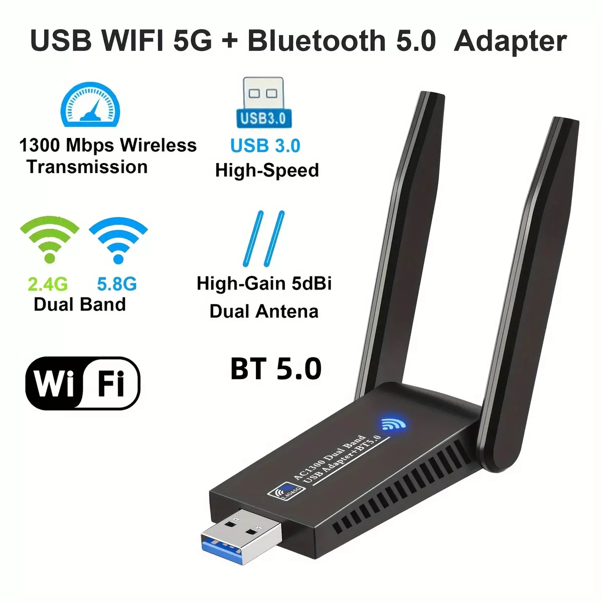 2-IN-1 Wireless USB WiFi 5 Adapter + Wireless 5.0 Adapter, 1300Mbps 2.4GHz & 5GHz Dual Band, High-Gain 5dBi Dual Antena WiFi Dongle, 802.11AC Wireless Lan Card, USB 3.0 Computer Network Adapters For Desktop PC Laptop