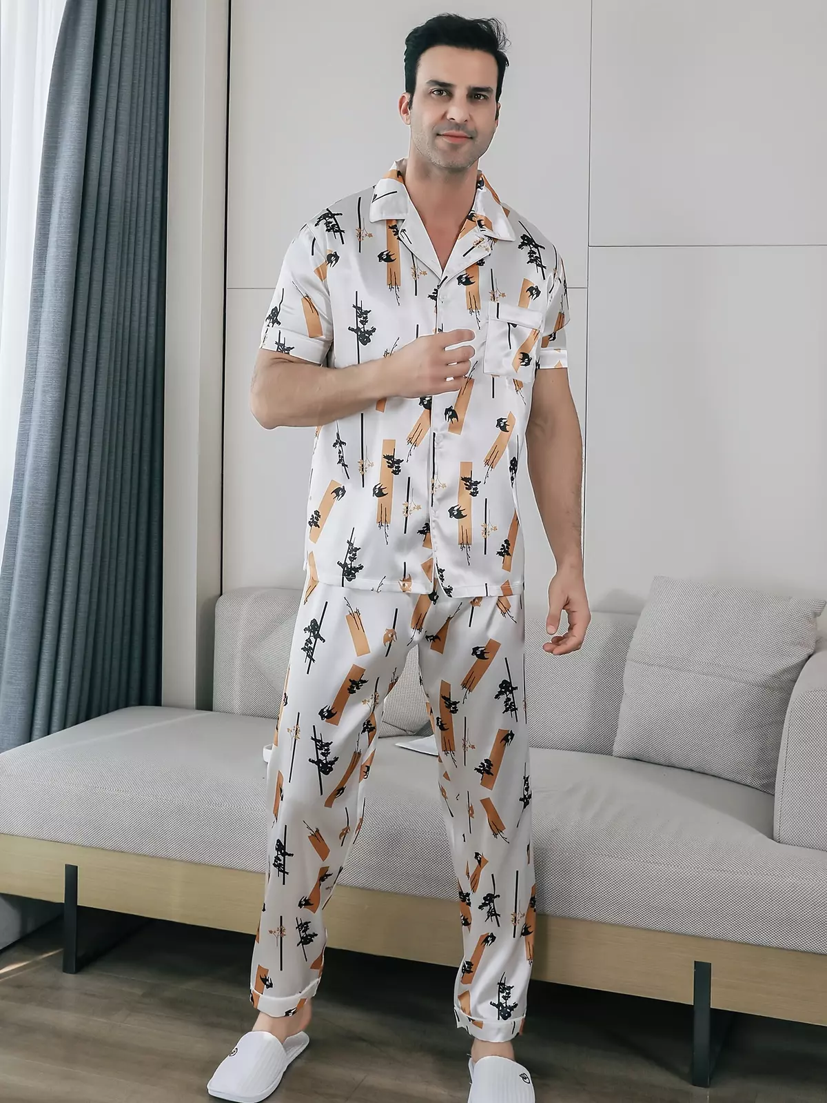 Men's Trendy Pajamas Robe Set, Creative Pattern V Collar Half Sleeve One-piece Pajamas & Pants, Casual Comfy Breathable Lounge Wear Set