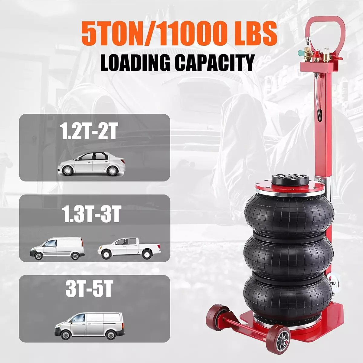 Air Jack, 5 Ton/11,000 lbs Air Jack, Portable Pneumatic Jack Lift up to 15.7", 3-6 s Fast Lifting Pneumatic Jack, with Adjustable Long Handles for Cars, Garages, Repair