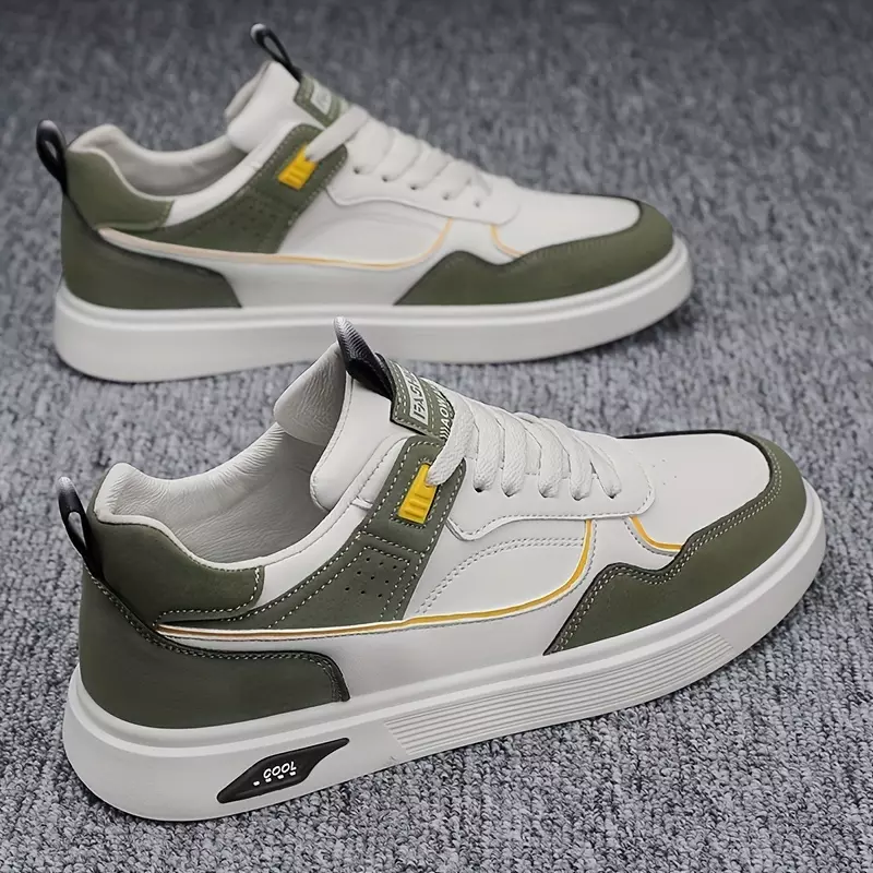 Men's PU Leather Skate Shoes With Good Grip, Breathable Lace-up Sneakers-Olive
