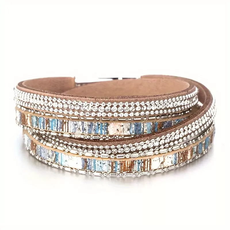 1 Pc Graffiti Leather Bracelet For Men, Shiny Crystal Vintage Boho Multilayer Double Wrap Bracelet-B E590100P-002