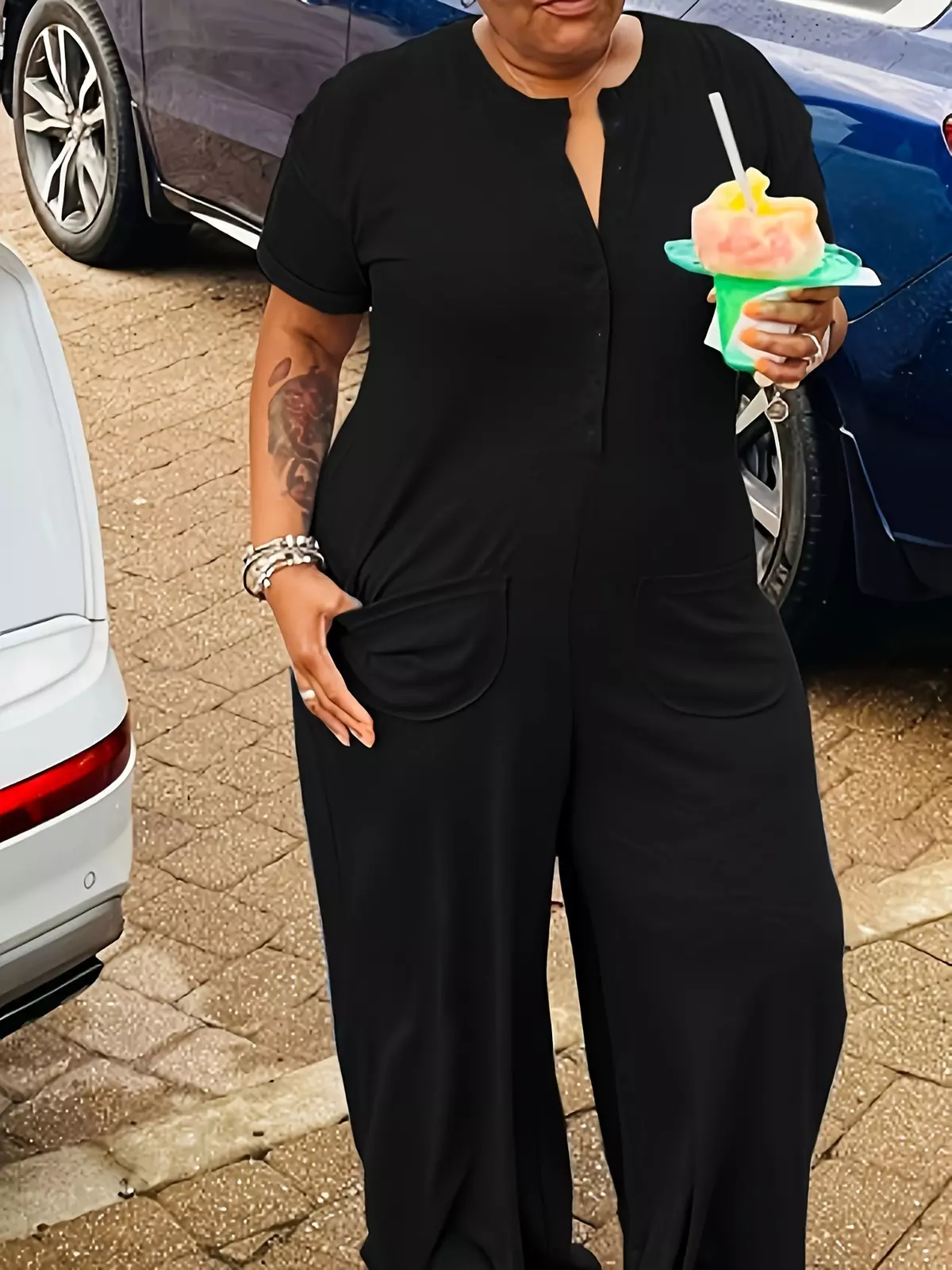 Fashion Casual Solid Color Patchwork V-Neck Plus Size Jumpsuit