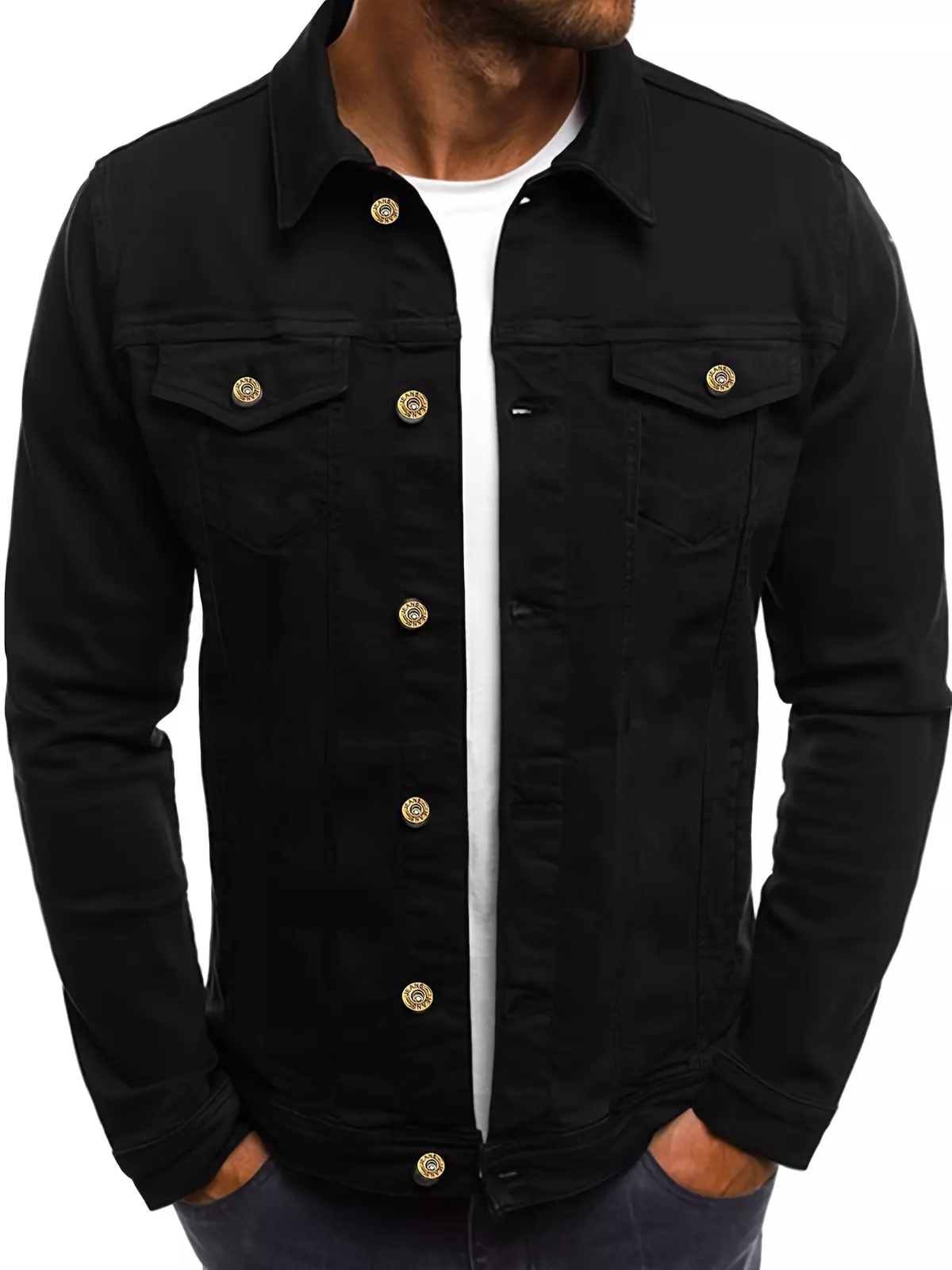 Men's Spring Autumn Casual Button Down Jacket With Flap Pockets, Outdoor Trendy Fashion Cargo Denim Jacket, Men's Coat Shirt-Black