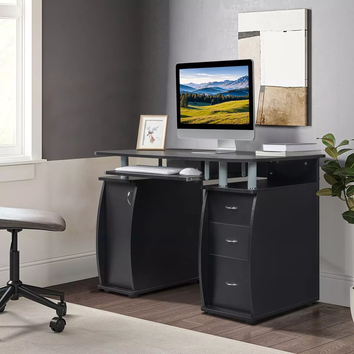 Computer Desk With 3-Drawers 1-Door Black/Coffee/Wood Color-Coffee