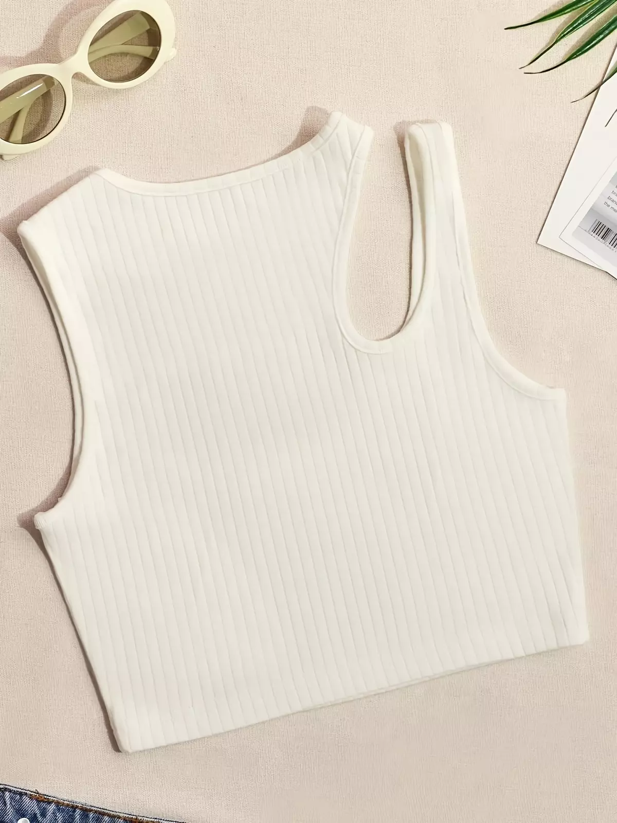 Solid Color Crew Neck Tank Top, Casual Cold Shoulder Sleeveless Crop Tank Top For Summer, Women's Clothing-Milky
