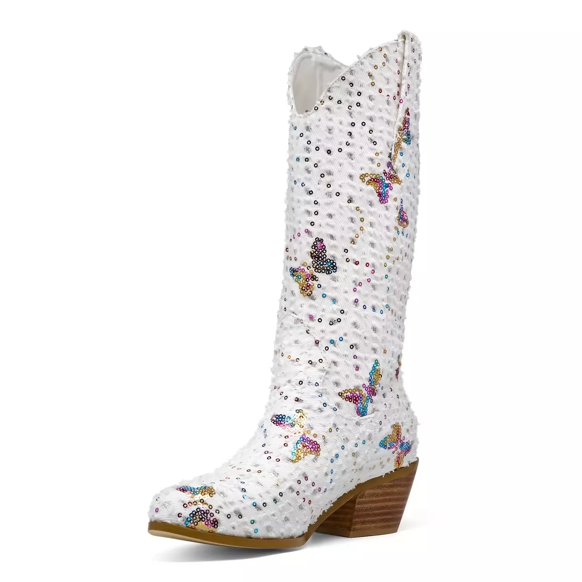 Women's Denim White Cowgirl Boots, Sequin & Butterfly Decor Cowboy Boots, Mid Calf Chunky Stacked Heel Pull On Boots
