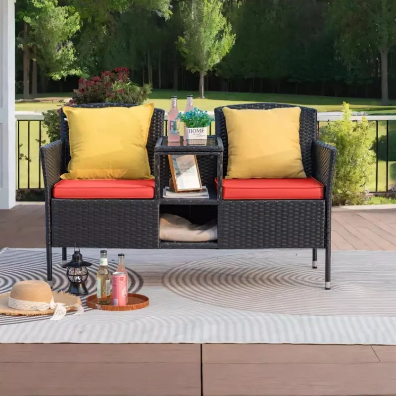 Outdoor Patio Loveseat Modern Rattan Patio Conversation Furniture Set with Cushions & Built-in Coffee Table Porch Furniture for Garden Lawn Backyard