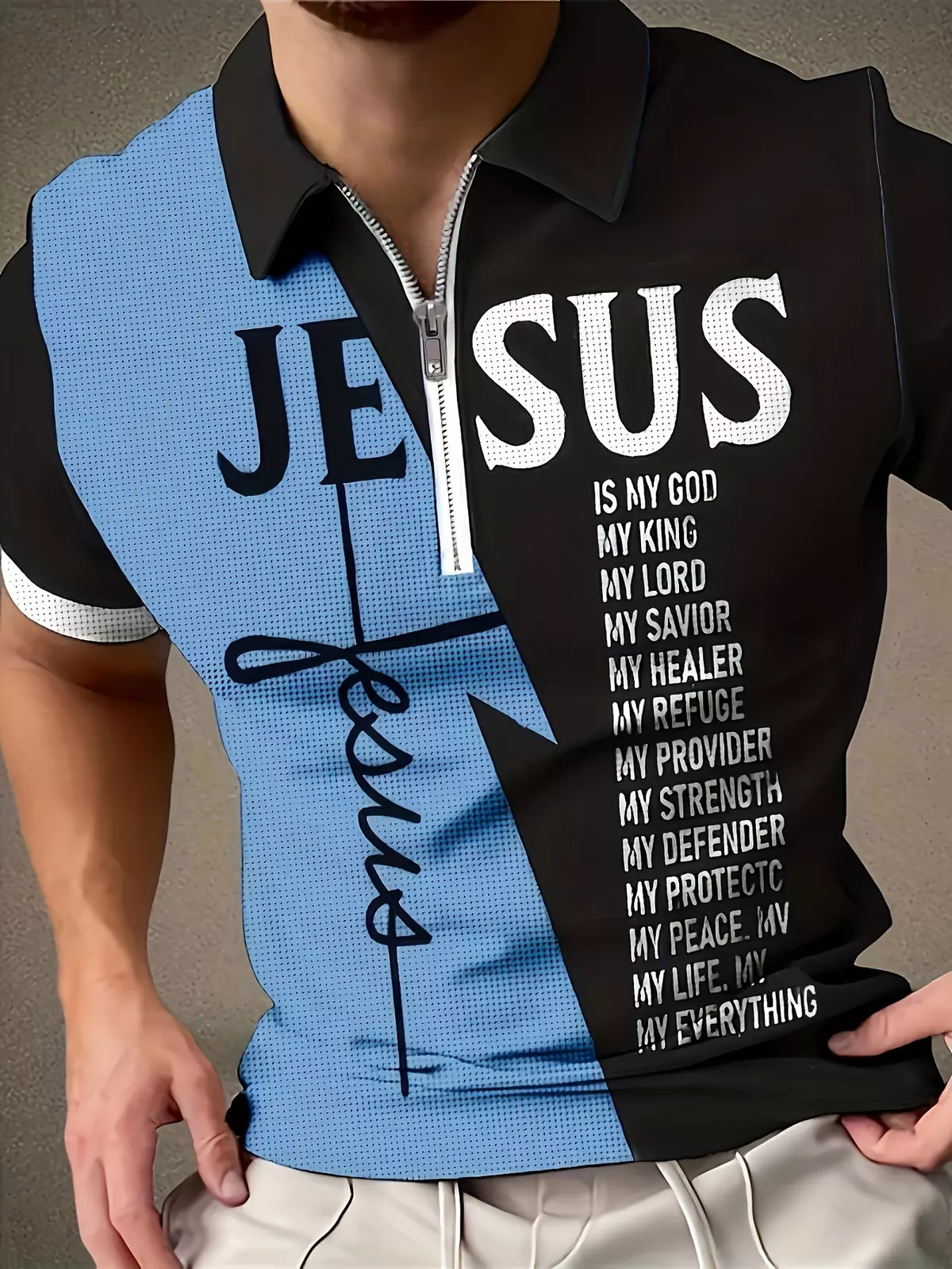 "JESUS" Pattern Print Men's Casual Short Sleeve 1/4 Zipper Graphic Shirts, Lapel Collar Tops Pullovers, Men's Clothing-Black Blue