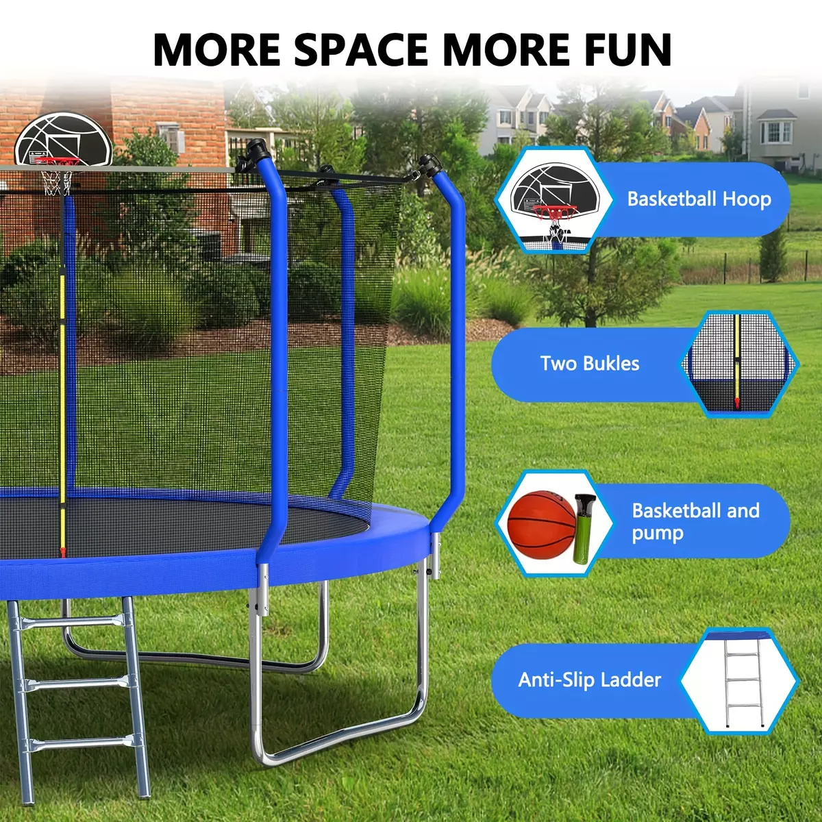 14FT Trampoline with Basketball Hoop, ASTM Approved Reinforced Type Outdoor Trampoline with Enclosure Net